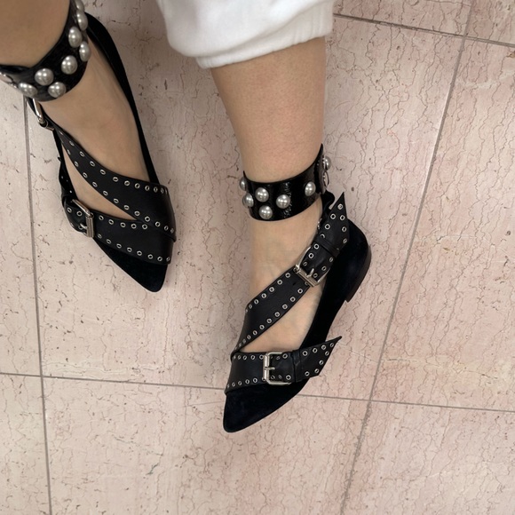 Isabel Marant Black Suede Eyelet Studded Ankle Wrap Linzy Flats - Picture 11 of 16